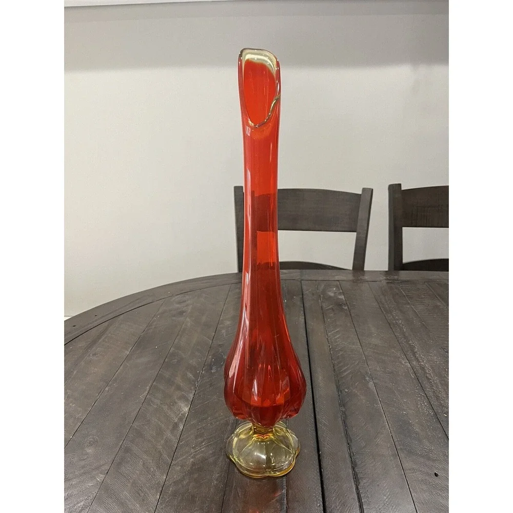LE Smith Glass Amberina Persimmon 6 Petal‎ Swung Glass Vase 20